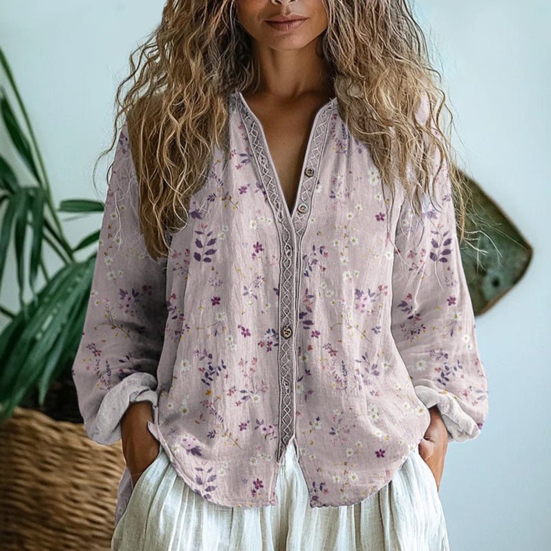 Ebba - Elegant Blus Med Bladtryck